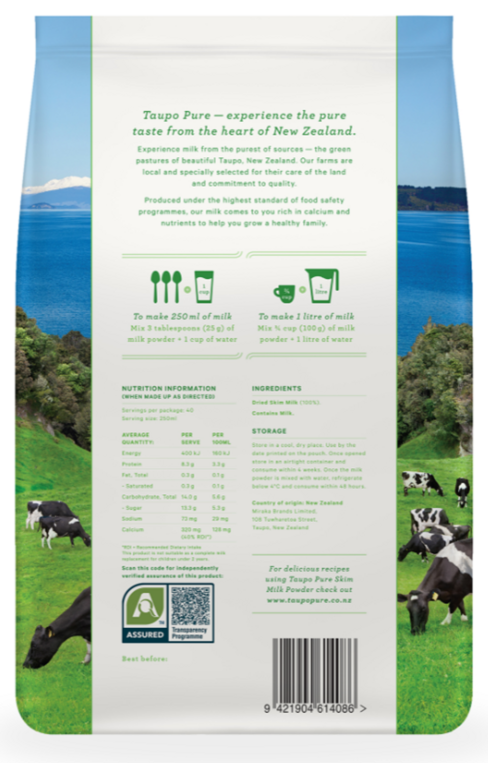 Taupo Pure Premium Skim Milk Powder AsureQuality Assurance Marks